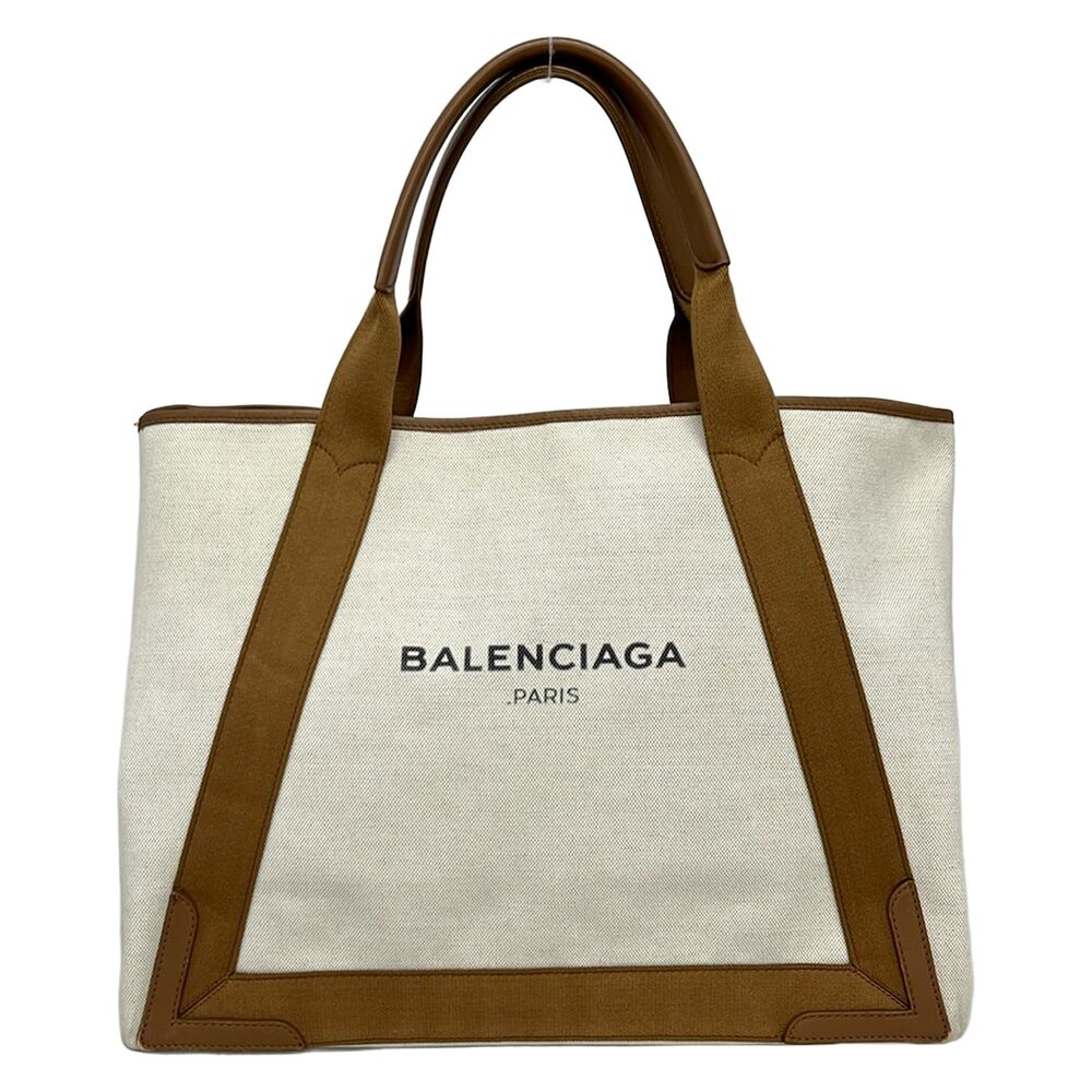 Balenciaga Navy Cabas M Tote Bag 339936 Cream Brown Canvas Leather